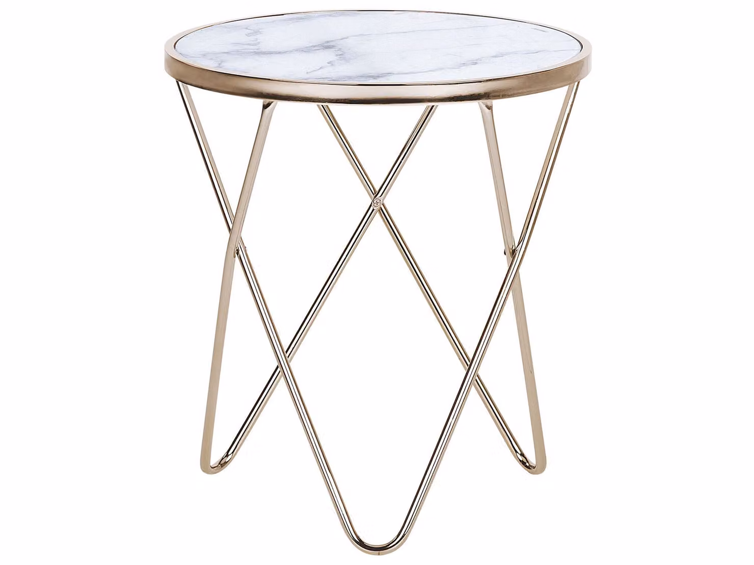 Tavolino BELIANI in oro bianco, vetro di sicurezza, gambe in metallo 50 x 55 cm, tavolino, marmo lucido, aspetto moderno