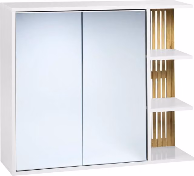 Mobiletto da bagno a parete BELIANI in MDF laccato bianco con scaffali in bambù, L/P/H: 70 x 21 x 80 cm