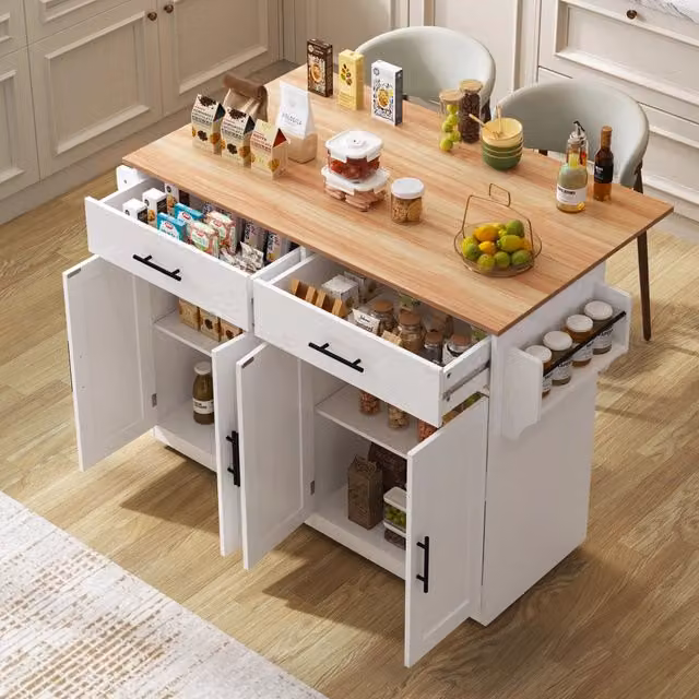 Carrello da cucina con piano pieghevole in MDF; bianco e legno naturale; con ruote; 120 x 46-70 x 91;5 cm
