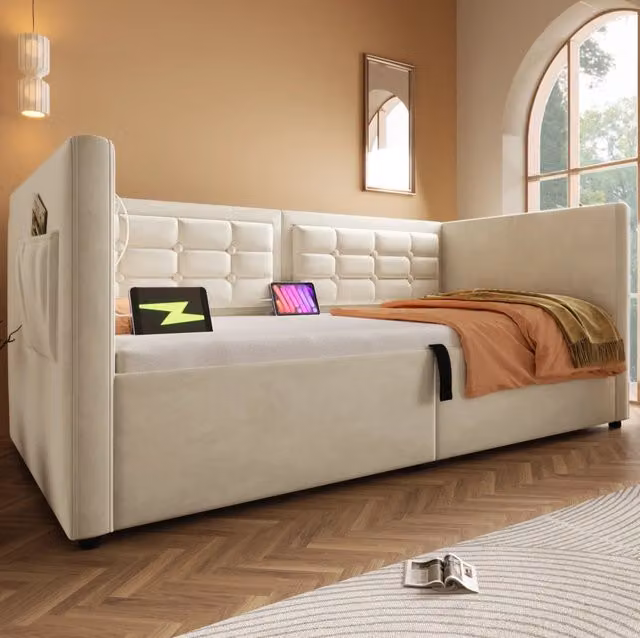 Letto imbottito 90x200 cm con contenitore e ricarica USB e Type-C; in velluto beige