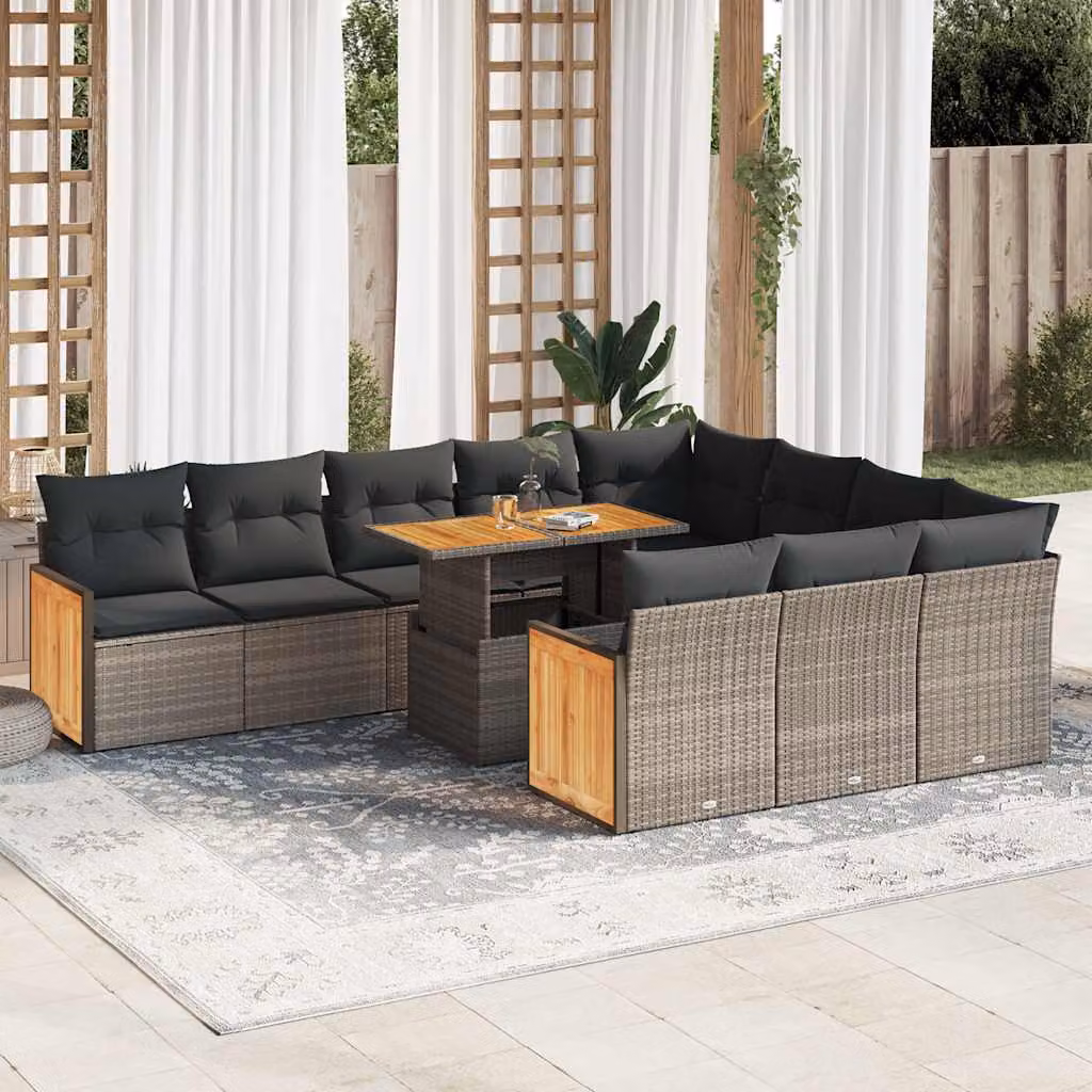 Set di divani da giardino vidaXL in polyrattan e legno di acacia con cuscini, 11 pezzi, grigio
