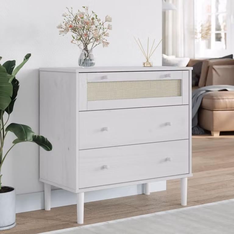 Cassettiera vidaXL SENJA in legno di pino con aspetto rattan, colore bianco, L 80 cm x P 40 cm x H 80 cm