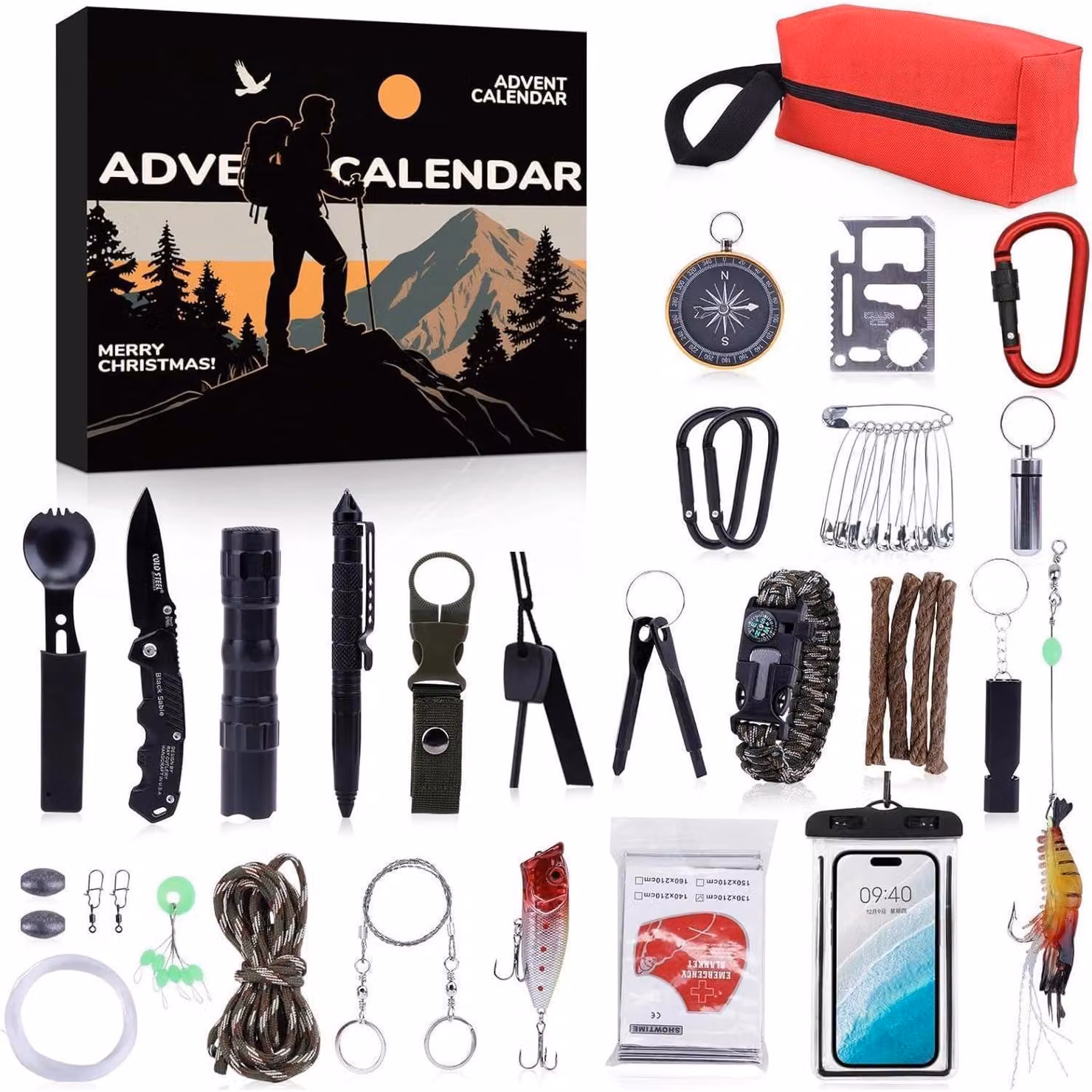 Calendario dell'Avvento per uomini, con 24 giorni di attesa e dotato di strumenti di sopravvivenza per attività all'aperto, equipaggiamento di emergenza, ideale come regalo
