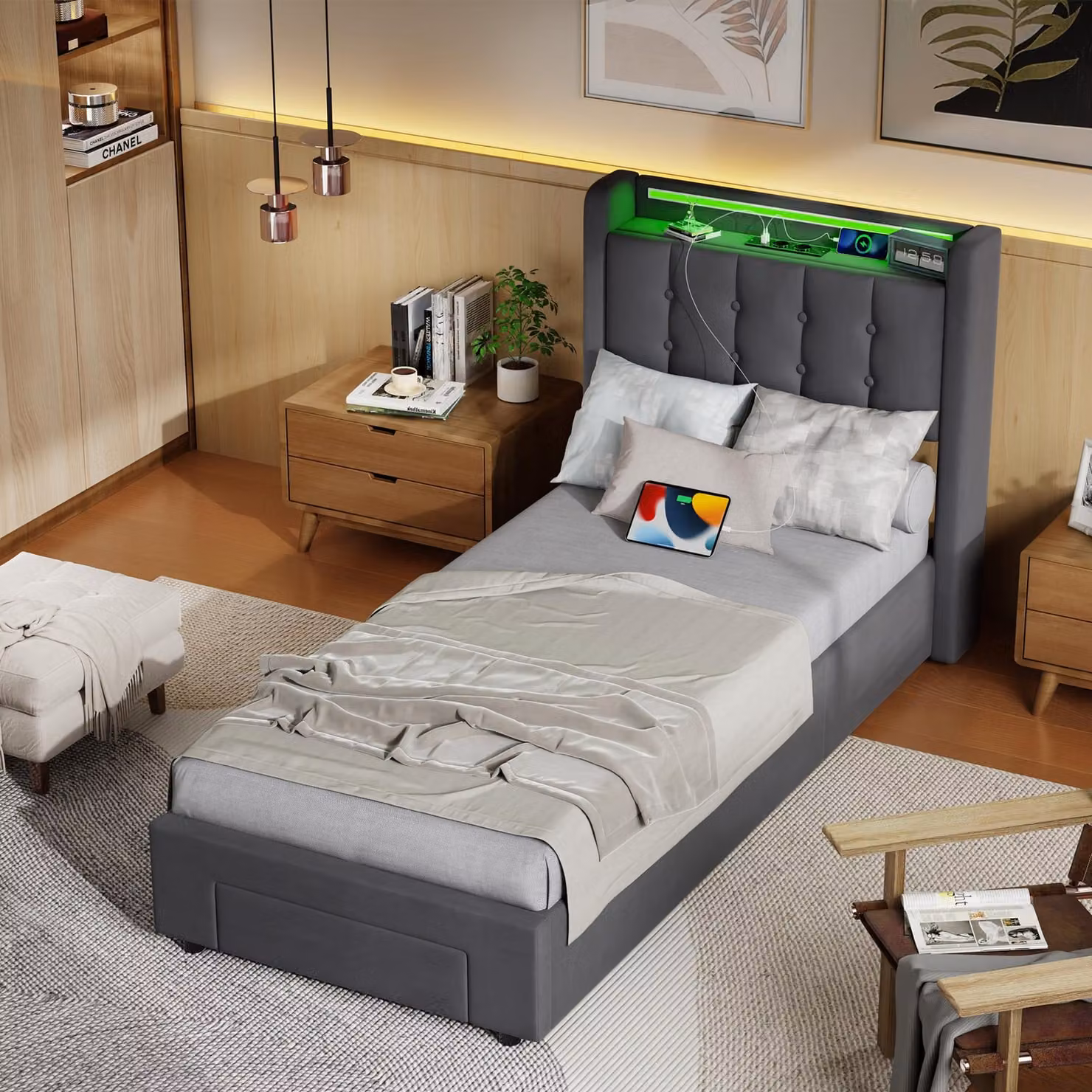 Letto imbottito MODFU 90x200 con luce LED e prese di corrente, struttura letto a molle con cassetti e rete, letto contenitore, grigio (senza materasso)