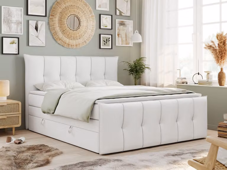 Letto boxspring King 120x200, Letto boxspring 120x200 con contenitore e materasso H3, letto imbottito 120x200 con materasso, letto 120x200 con contenitore, PREMIUM-11-KING - 120x200 - Bianco - Pelle finta - H3