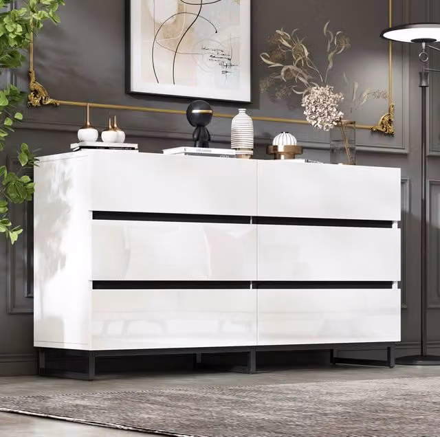 Credenza moderna per soggiorno e sala da pranzo con 6 cassetti, finitura lucida bianca e nera e supporti in metallo