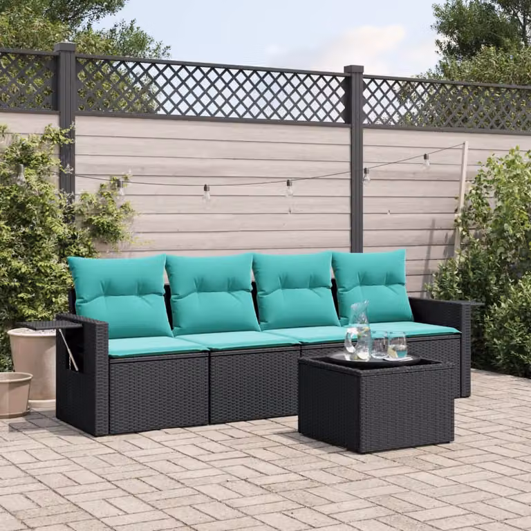 Set di divani da giardino vidaXL in 5 pezzi in polyrattan nero con cuscini e tavolino da esterno