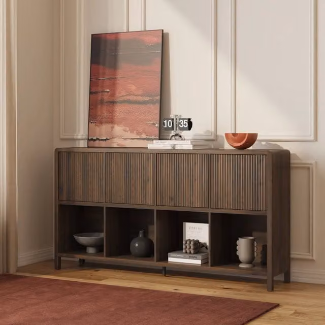 Credenza Bassa Lukkodso en.casa con 4 Ante e Scomparti Aperti, Effetto Noce, L/P/H: 145 x 30 x 77 cm