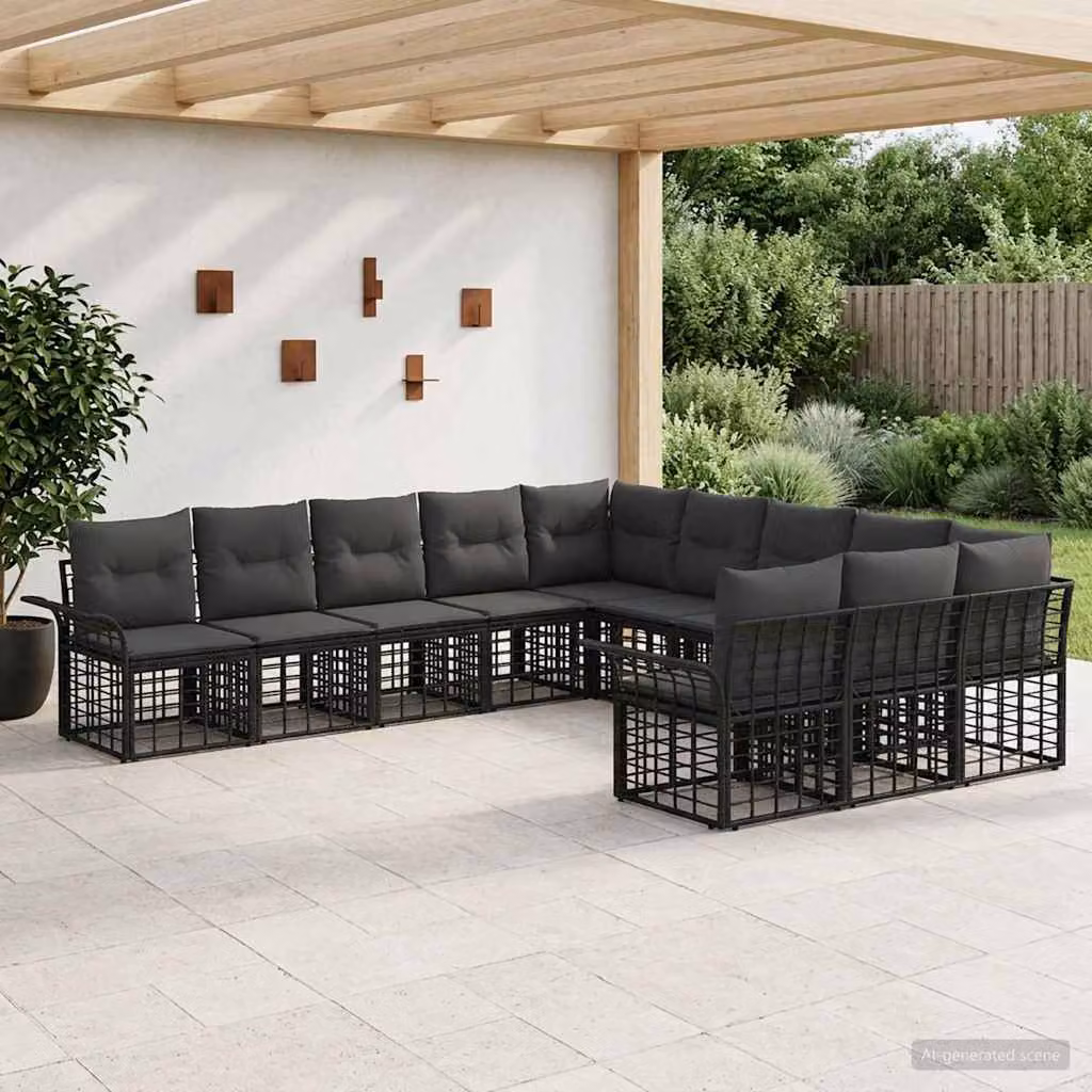 Set di divani da esterno vidaXL 11 pezzi a forma di U in poliestere nero e grigio scuro con struttura in acciaio verniciato a polvere e cuscini inclusi