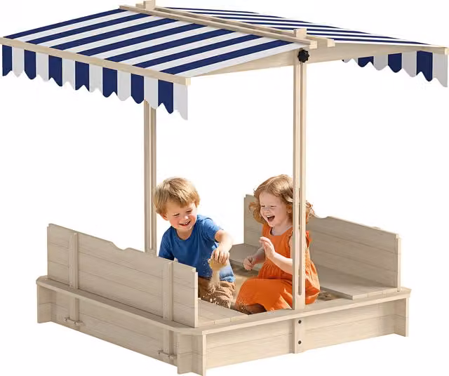 Sabbiera per bambini Outsunny in legno con tettuccio parasole e panca, L/P/H: 106 x 106 x 121 cm, Bianco e Blu