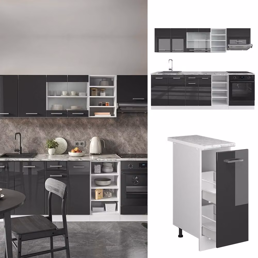 Cucina componibile moderna Vicco R-Line in antracite lucido e bianco con piano effetto marmo, L: 240 cm – 2
