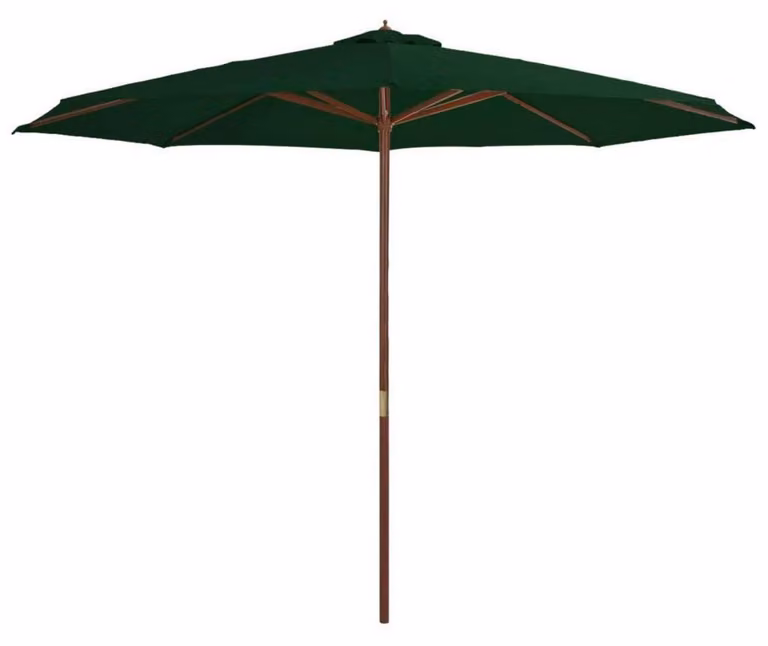 Ombrellone da giardino con palo in legno, diametro 350 cm, colore verde, dimensioni 350 x 256 cm, sistema di apertura a doppia corda