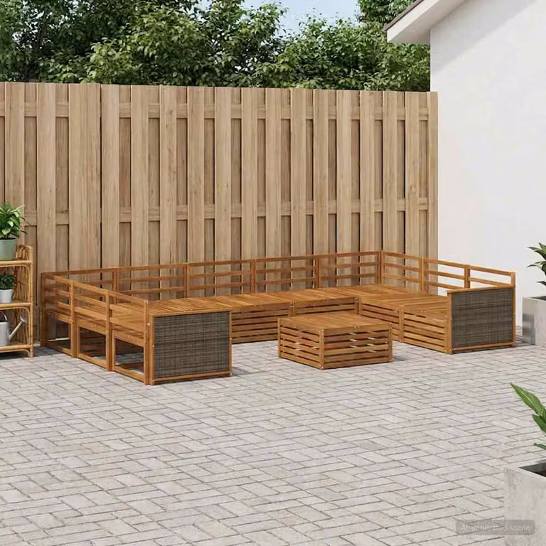 Set di divani da esterno vidaXL 10 pezzi in legno di acacia marrone con cuscini e tavolino da caffè a forma di U