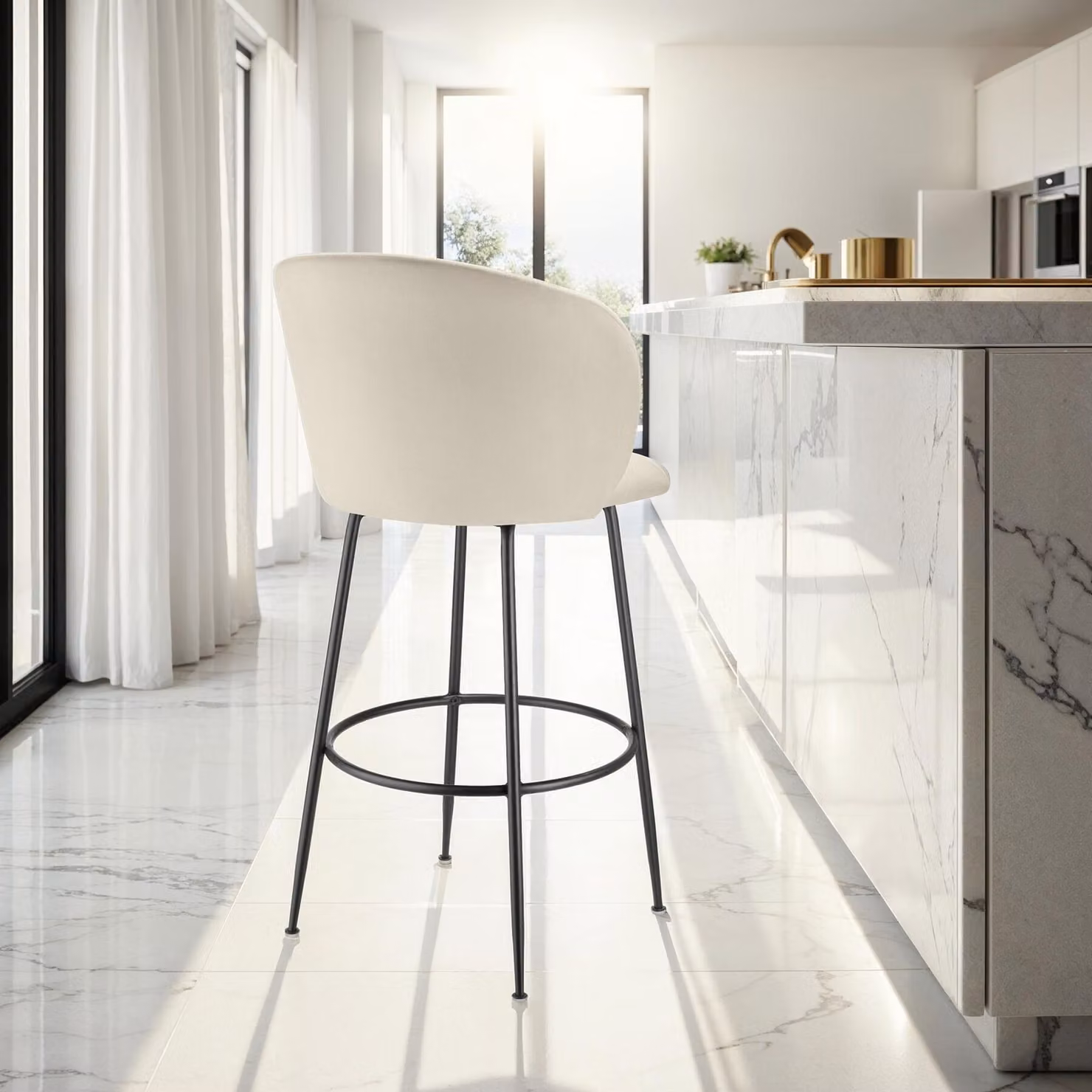 Set di 2 sgabelli Luana tectake con schienale in velluto, beige e nero, design moderno per cucina e soggiorno – 3