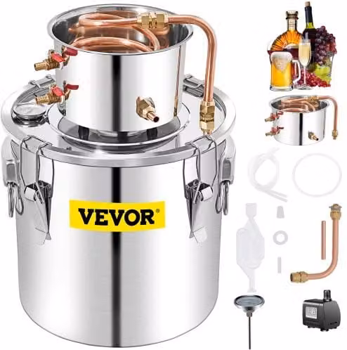 VEVOR Distillatore Alcol con Pompa d'Acqua per Uso Domestico in Acciaio Inox da 50L, Alambicco Distillatore per Vino Liquore Grappa a Casa Uso Domestico con Pompa d'Acqua, Kit per Distillazione Alcol