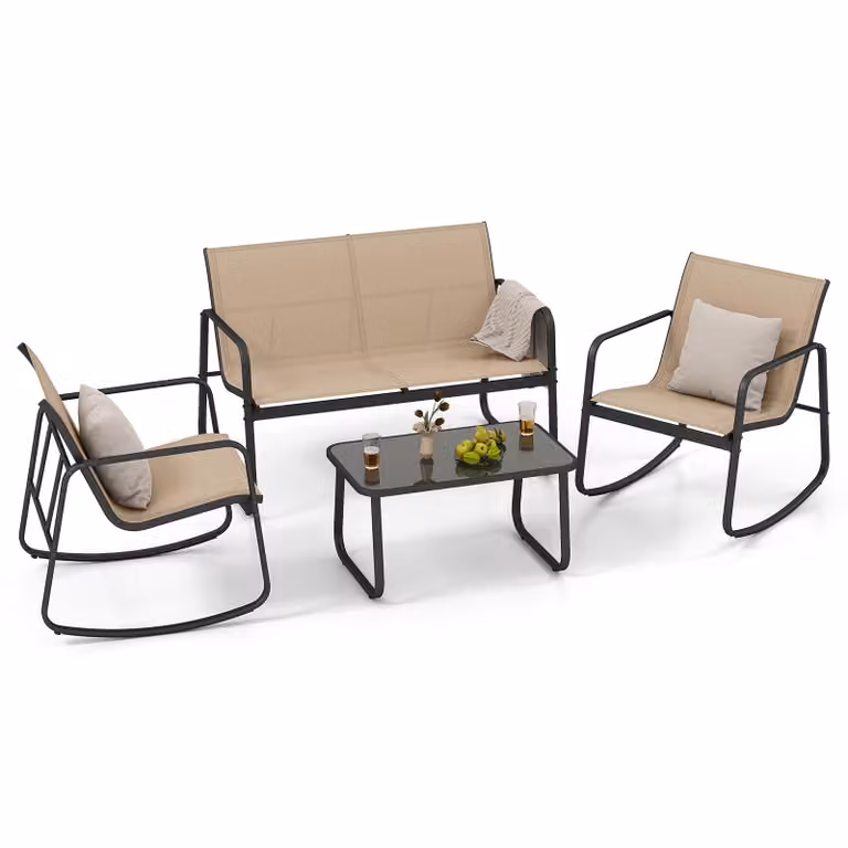 COSTWAY Set di 4 pezzi da giardino, mobili da patio con dolce movimento a dondolo, 2 sedie, panca e tavolo, gruppo di sedute per 4 persone, set da giardino marrone