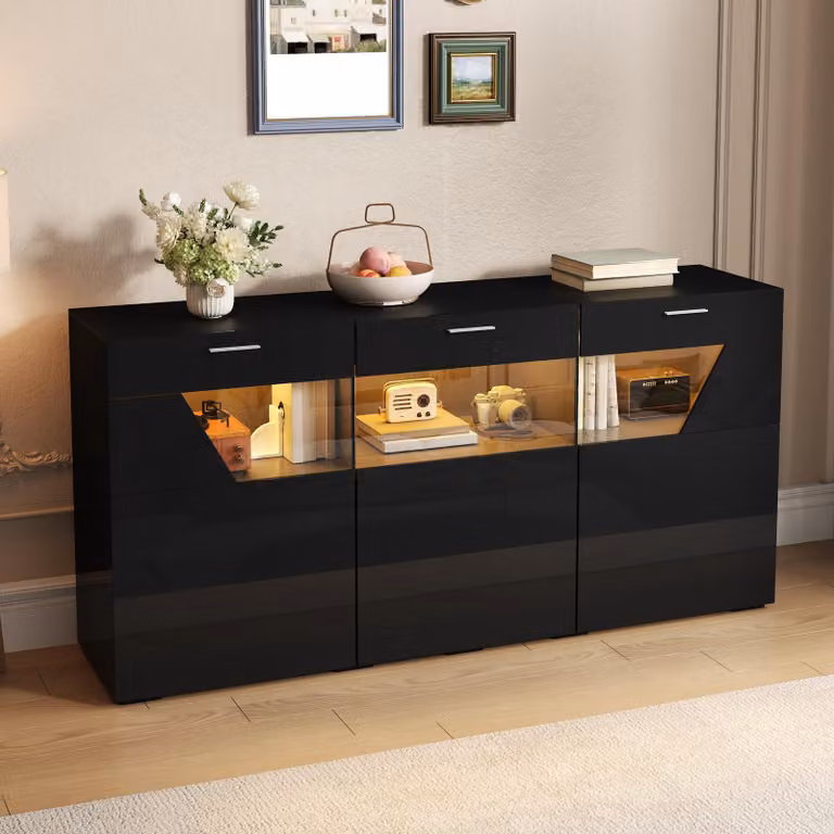 Mobile contenitore laterale STILVORA con illuminazione a LED, credenza con 3 ante e frontale in vetro, armadio contenitore con controllo tramite app e finitura lucida
