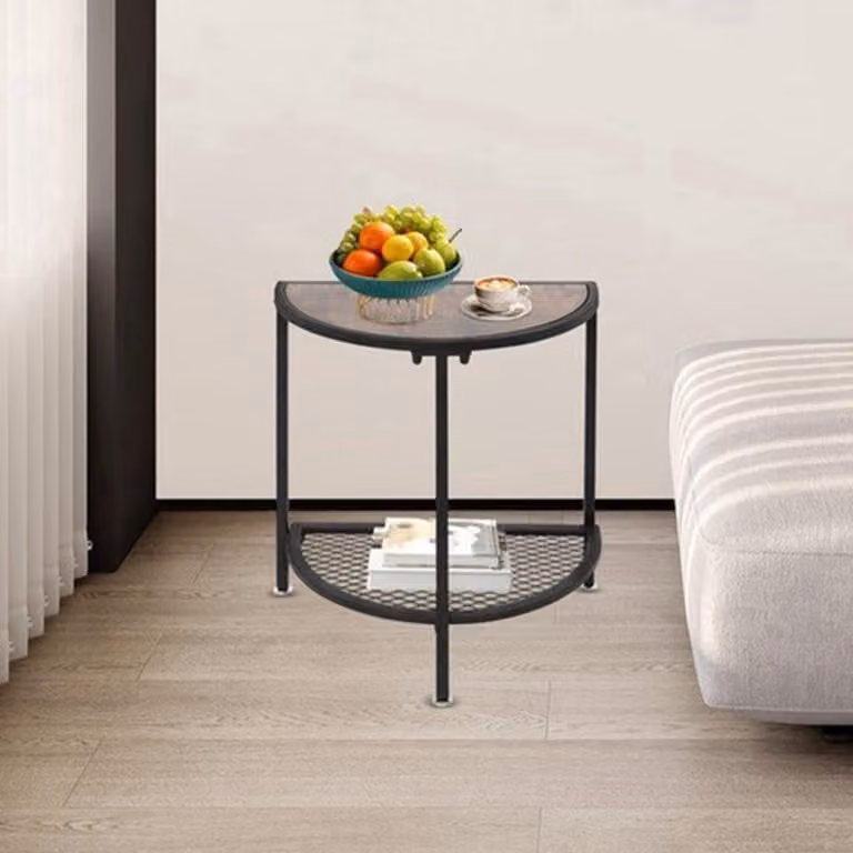 Tavolino da salotto a due piani, con piano in metallo e design salvaspazio