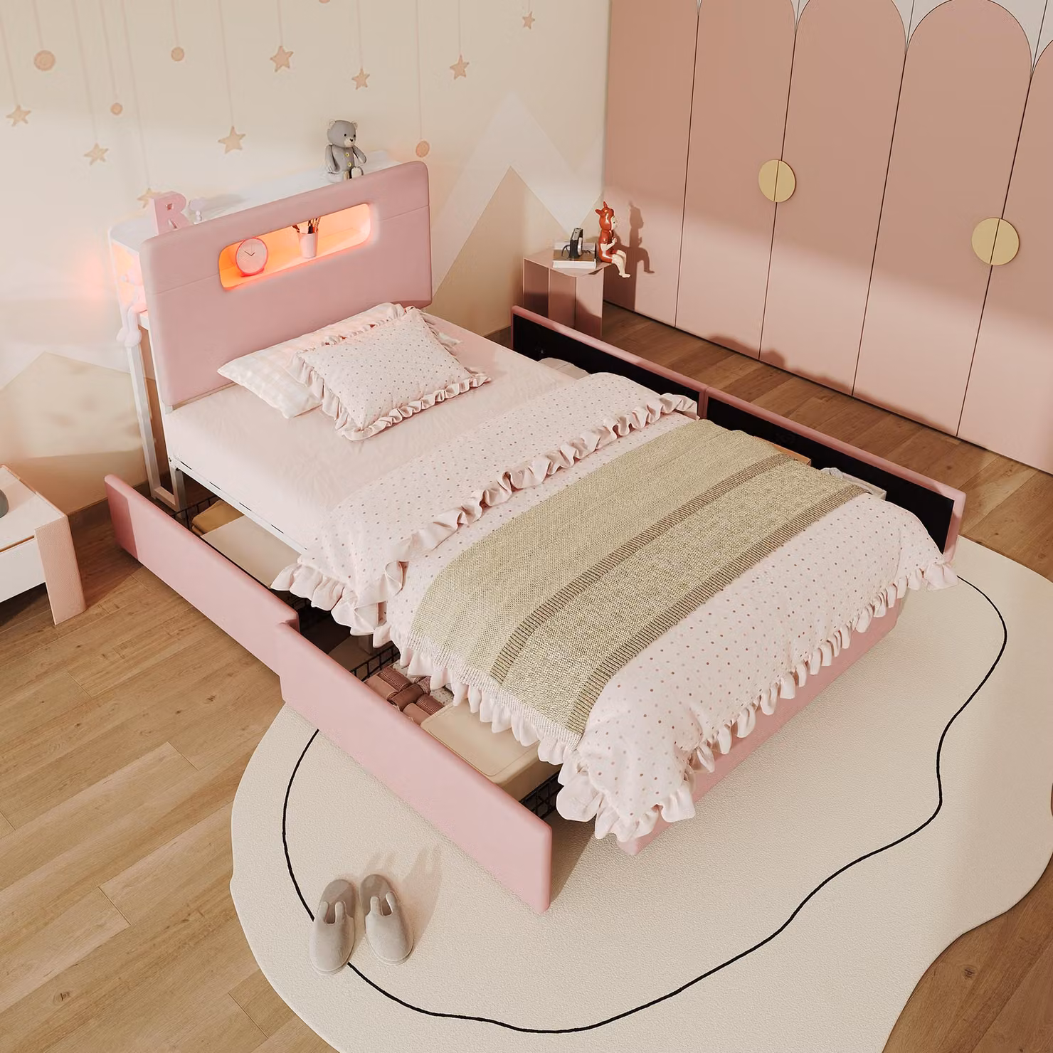 Letto imbottito per bambini 90x200 cm, rivestito in velluto rosa, con 4 cassetti laterali e illuminazione LED controllabile tramite app, ideale per camerette per bambini e ragazzi
