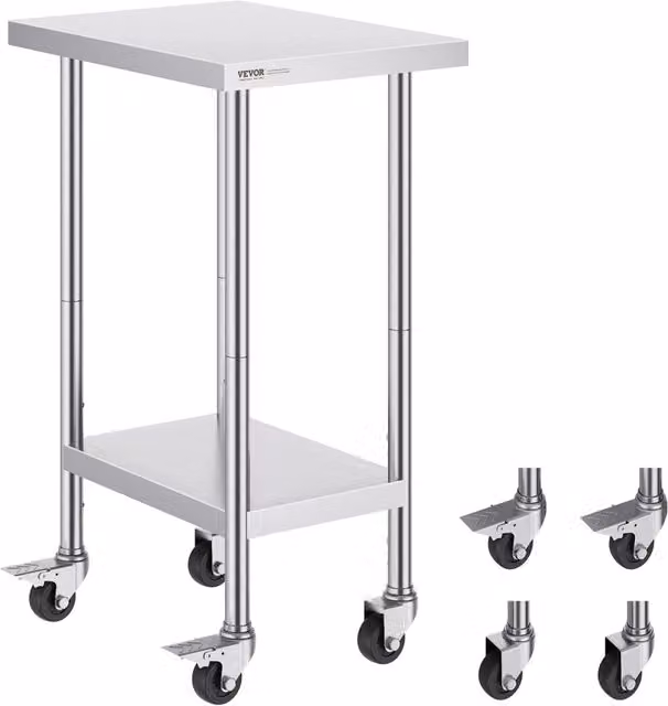 Tavolo da Lavoro in Acciaio Inox con 4 Ruote HETG-24*18 Ripiano Regolabile a 3 Livelli Robusto 610 x 457 x 954,6 mm