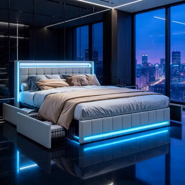 Letto matrimoniale con Contenitore 180x200 cm;letto imbottito 180x200 con 4 cassetti; LED e USB; letto con rete a doghe;Beige Lino;Senza Materasso