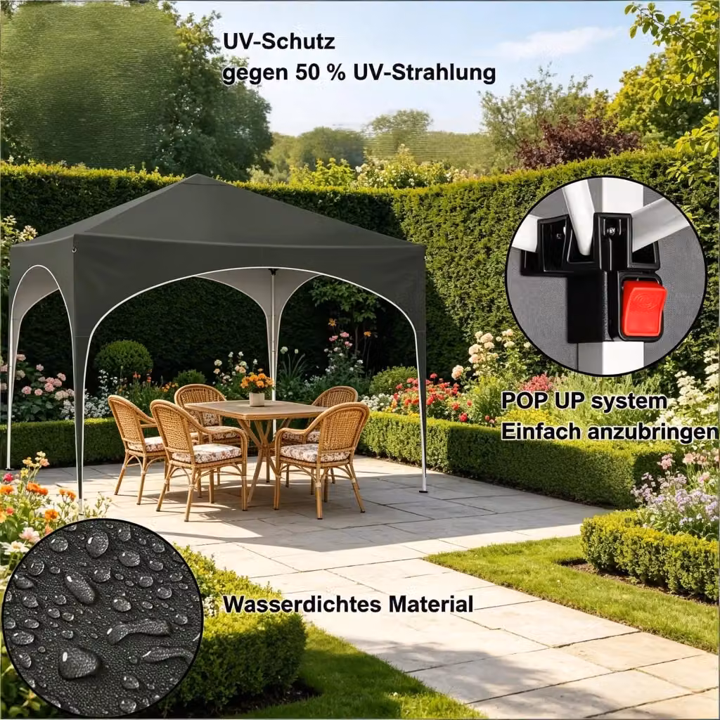 Gazebo da esterno Komhtom in metallo grigio con telo per giardino e veranda L: 300 cm, P: 300 cm, H: 258 cm – 2
