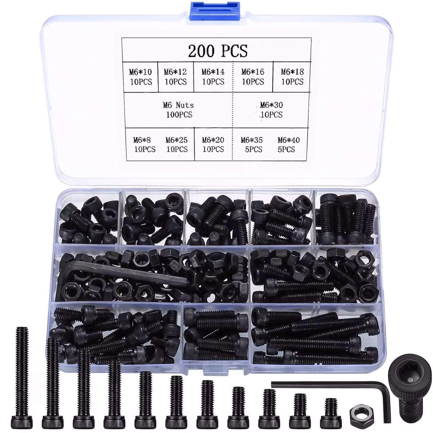 Set di viti M6 a testa esagonale con dadi e rondelle, 200 pezzi, colore nero, inclusi 2 chiavi inglesi