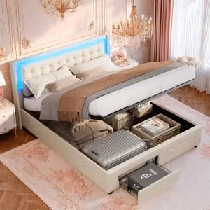 UnboxG Letto imbottito 180x200cm con USB e tipo C, LED, letto matrimoniale con rete a doghe e 2 cassetti, letto contenitore letto in legno letto funzionale letto in velluto, beige