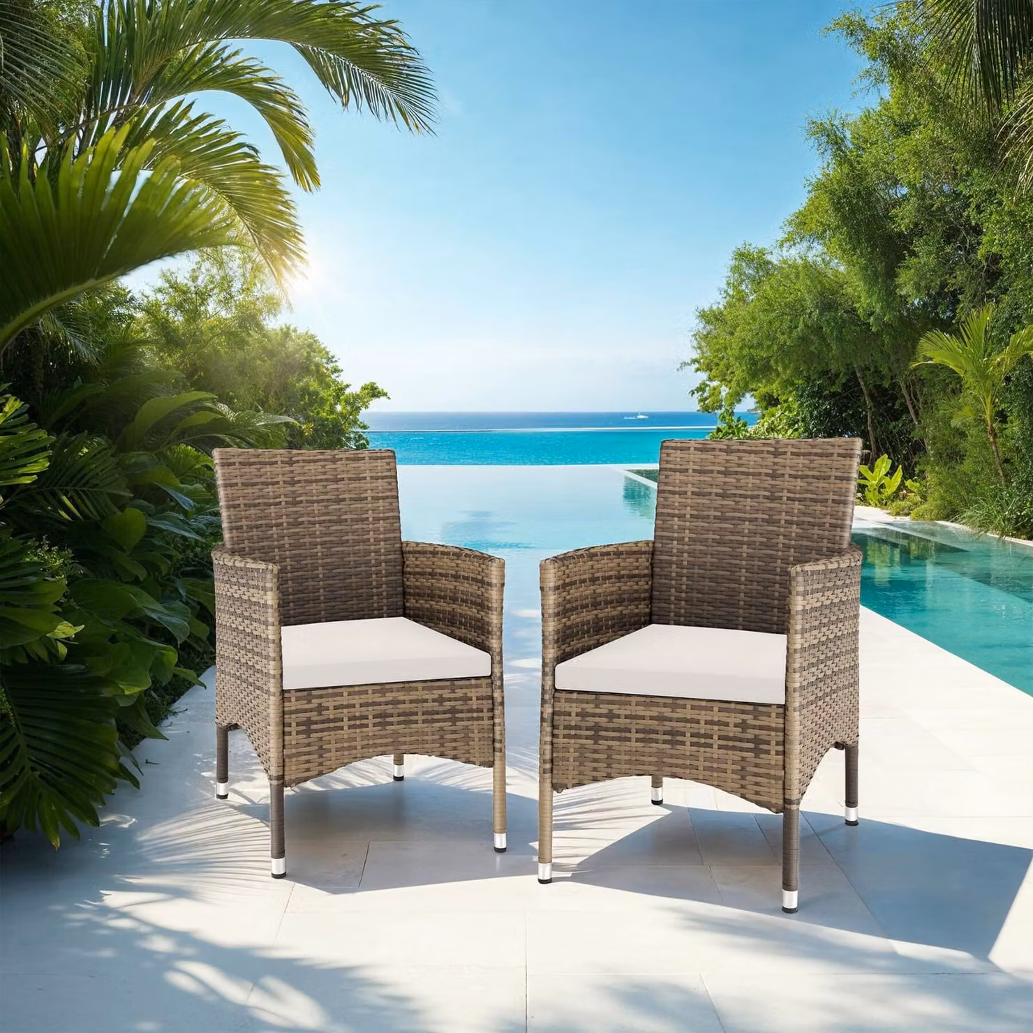Set di 2 sedie da giardino in polyrattan TecTake GmbH con 4 rivestimenti di ricambio, colore naturale e grigio scuro – 1