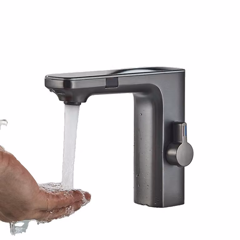 Miscelatore per lavabo a sensore intelligente, funzionamento touchless, robusta struttura in ottone, grigio canna di fucile