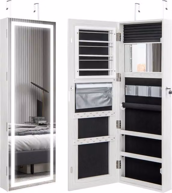 Armadietto portagioie con specchio a LED da 120cm, Appendibile alla porta o da parete con specchio interno Bianco