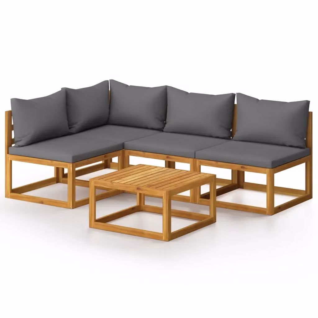 Set di Divani da Giardino vidaXL 5 Pezzi in Legno di Acacia con Cuscini Grigi e Tavolino da Esterno a Forma di L – 2