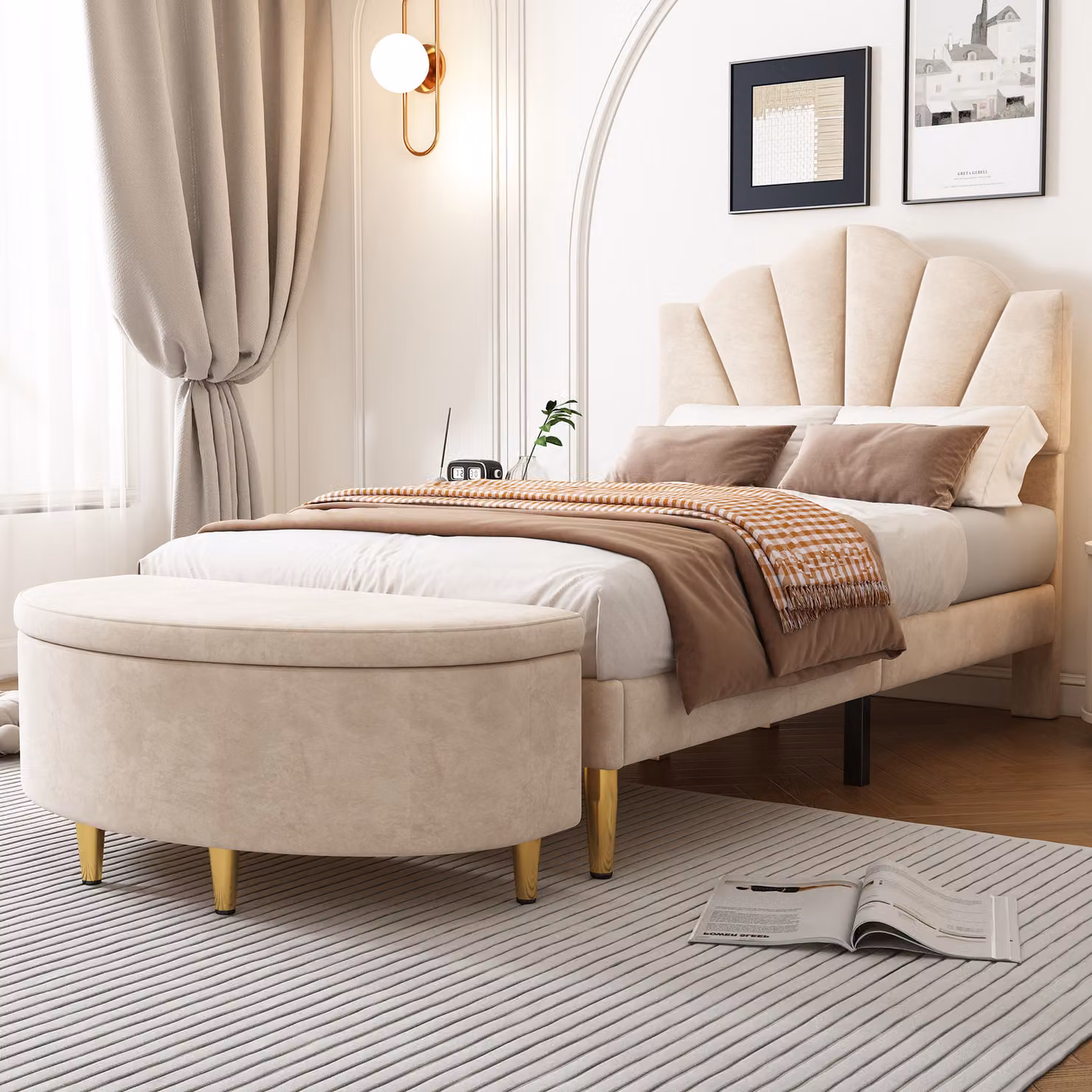 letto imbottito okwish 90*200 cm, letto a conchiglia in velluto, gambe in ferro dorato, testata regolabile in altezza, rete a doghe in legno, con sgabello imbottito, panca con contenitore, beige