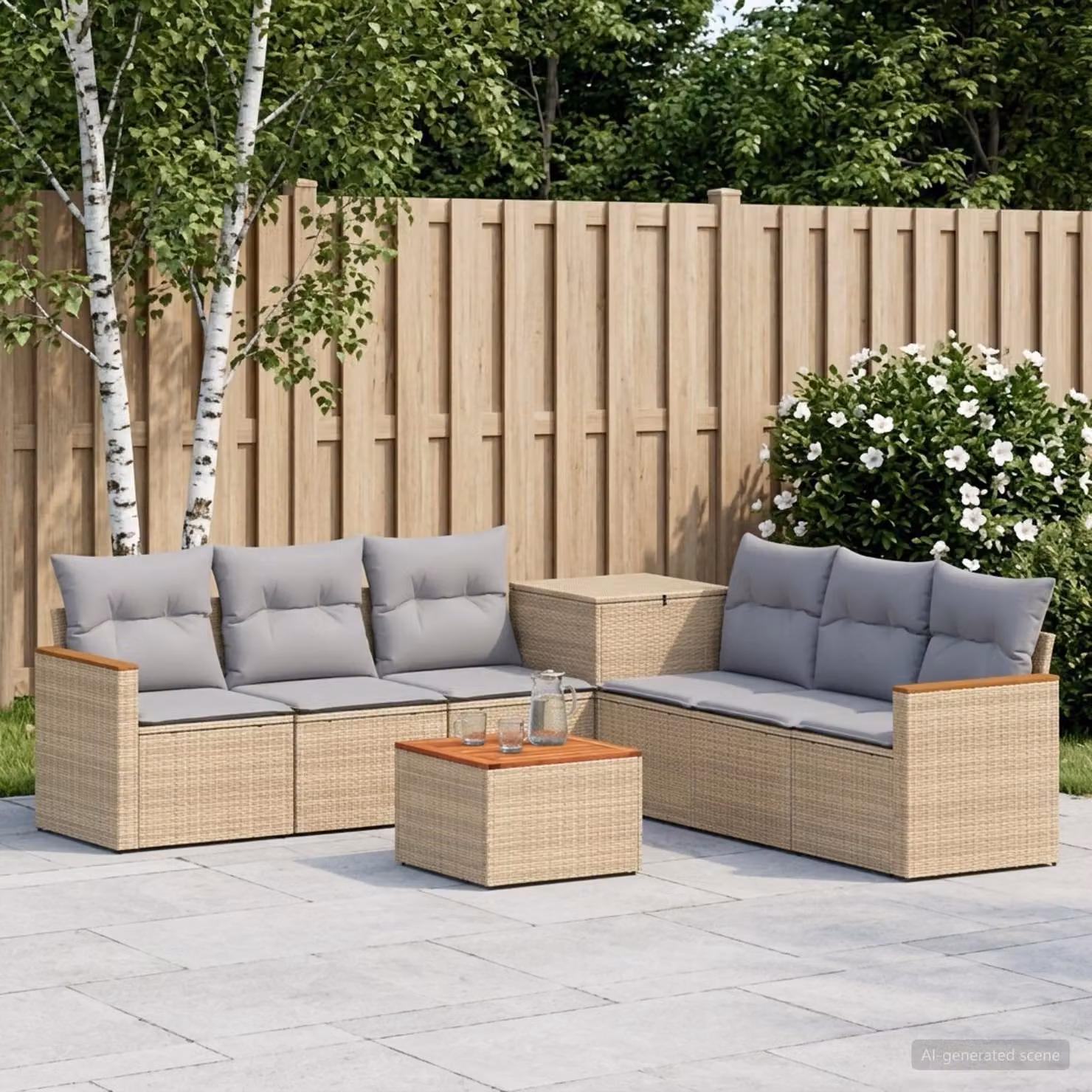vidaXL Set di divani da giardino a forma di U in polyrattan con tavolo da caffè, 8 pezzi, Beige e Grigio Chiaro