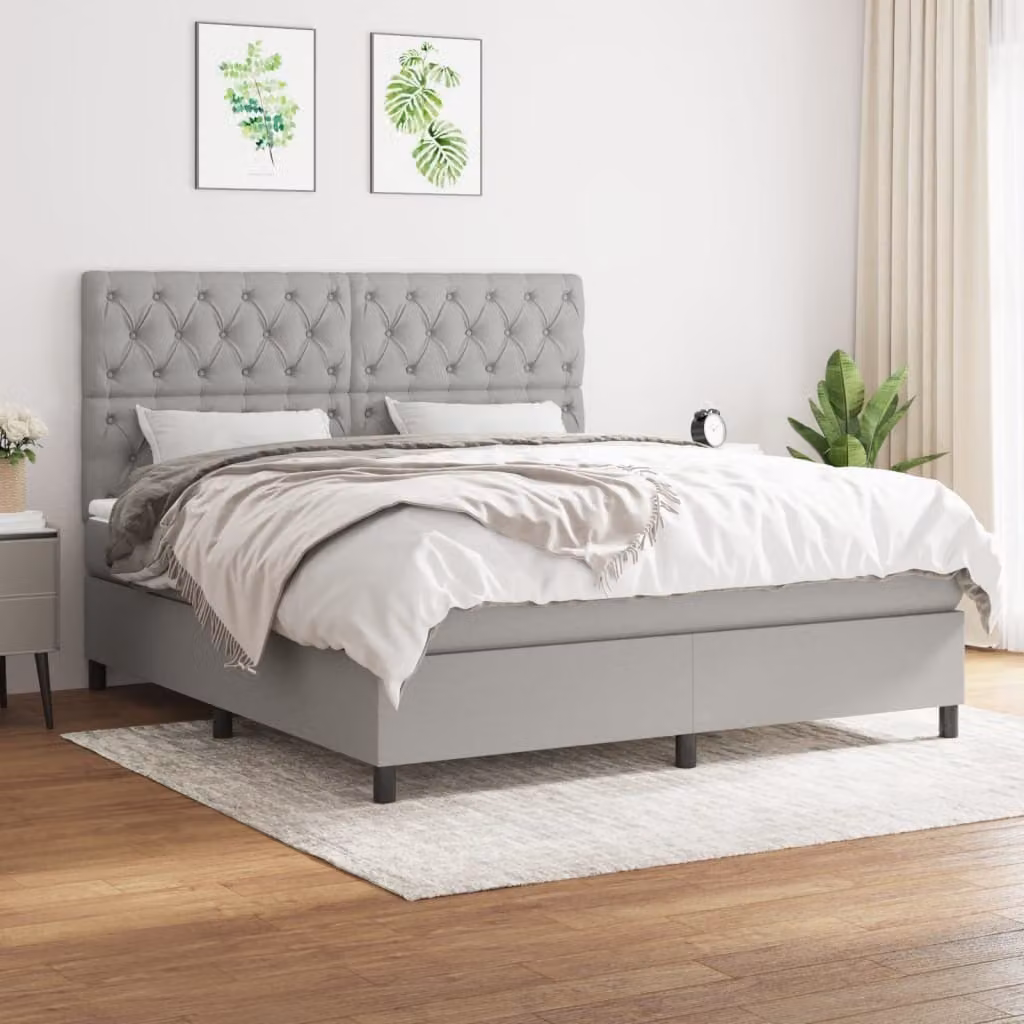 The Living Store Letto a molle con materasso grigio chiaro 160x200 cm in tessuto