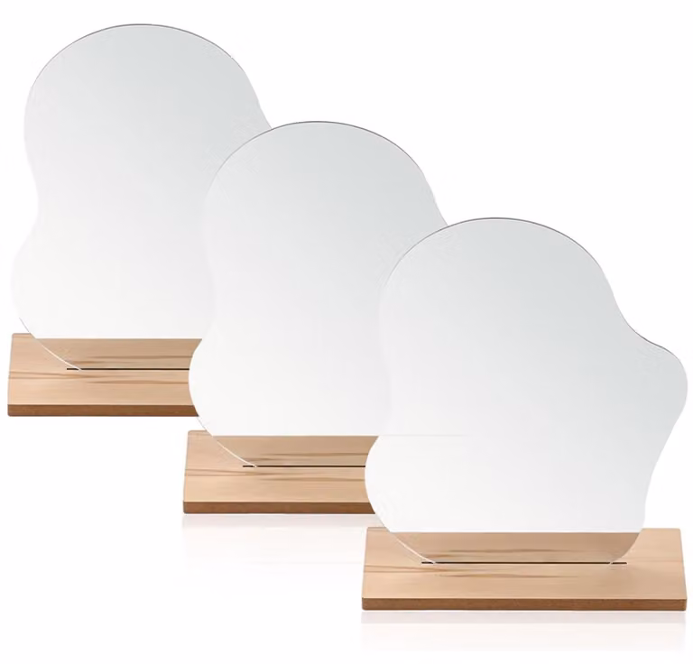 Specchio da trucco in acrilico con base in legno, set da 3, dimensioni 24x20 cm