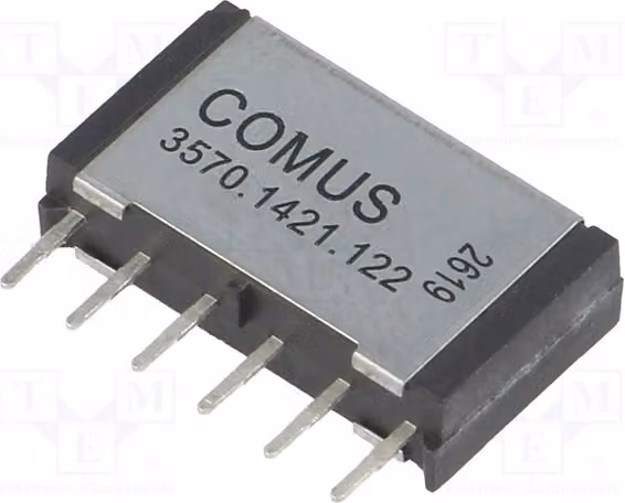 1 relè: Bobina Reed, 12 VDC, massima tensione 200 VDC, corrente massima 500 mA, potenza massima 10 W, montaggio a foro passante (THT), codice prodotto 3570.1421.122, marca Elektromag