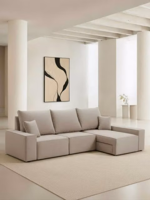 Divano modulare Loft Kenay Home da 2,5 posti con chaise longue destra, colore perla, design moderno in tessuto