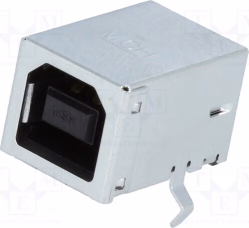 1 connettore USB B a montaggio su circuito stampato, con angolo di 90°, con 4 pin. Codice: 67068-8000. Connettore USB e IEEE1394