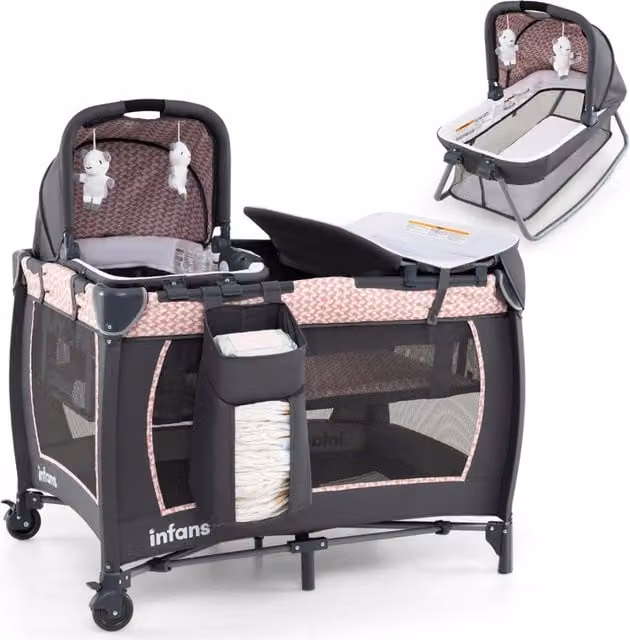 Lettino pieghevole con fasciatoio materasso con cestino e borsa da trasporto, Centro attivit¨¤ per bambini 5 in 1 Rosa