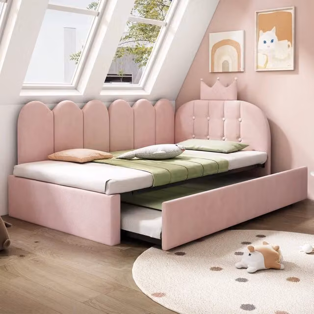 Letto per bambini 90x200 cm, testiera a forma di corona, con letto estraibile, in velluto, rosa