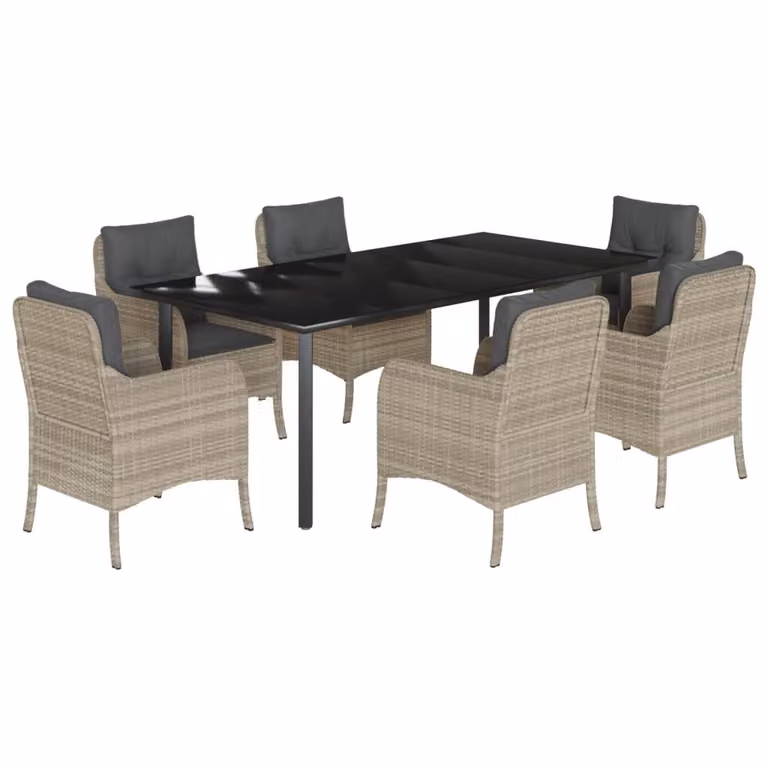 Set da Pranzo da Giardino 7 pz Cuscini Polyrattan Grigio Chiaro