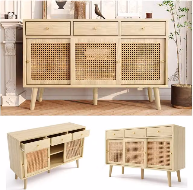 Sideboard con 3 cassetti e 3 ante scorrevoli, intreccio di rattan, gambe in legno massello, maniglie in metallo dorato, ripiani regolabili, rovere, 120x40x78 cm
