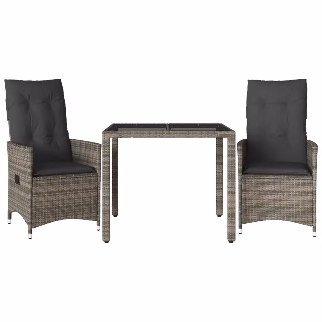 Set da Bistrò vidaXL 3 pz in Polyrattan Grigio con Cuscini e Piano in Vetro – 2