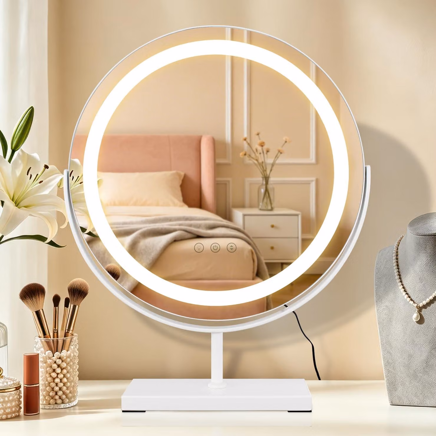 Specchio a LED rotondo per tavolo, diametro 40 cm, con dimmer, 3 modalità di colore, bianco