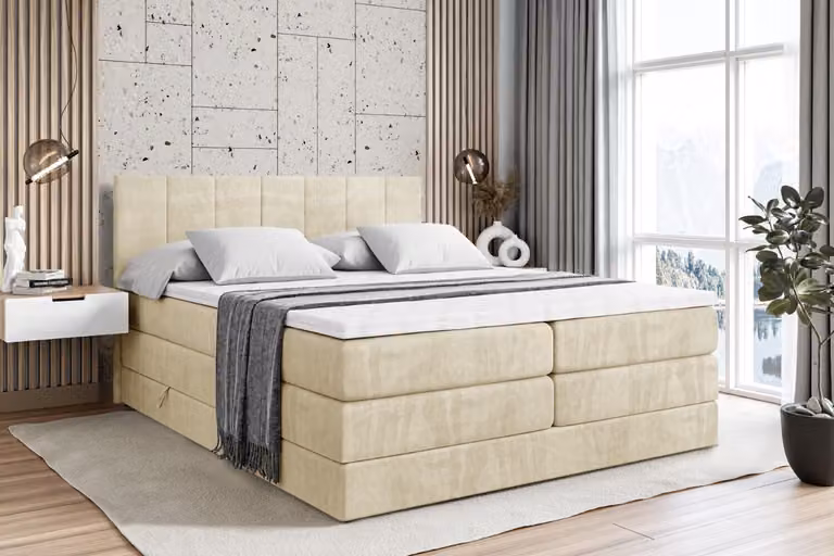 Letto boxspring ALTDECOR con 2 materassi e topper - 200x200 cm - MOETI KING - Velluto beige - Letto imbottito con materassi H3 e H4, contenitore e rete a doghe, letto con spazio contenitivo