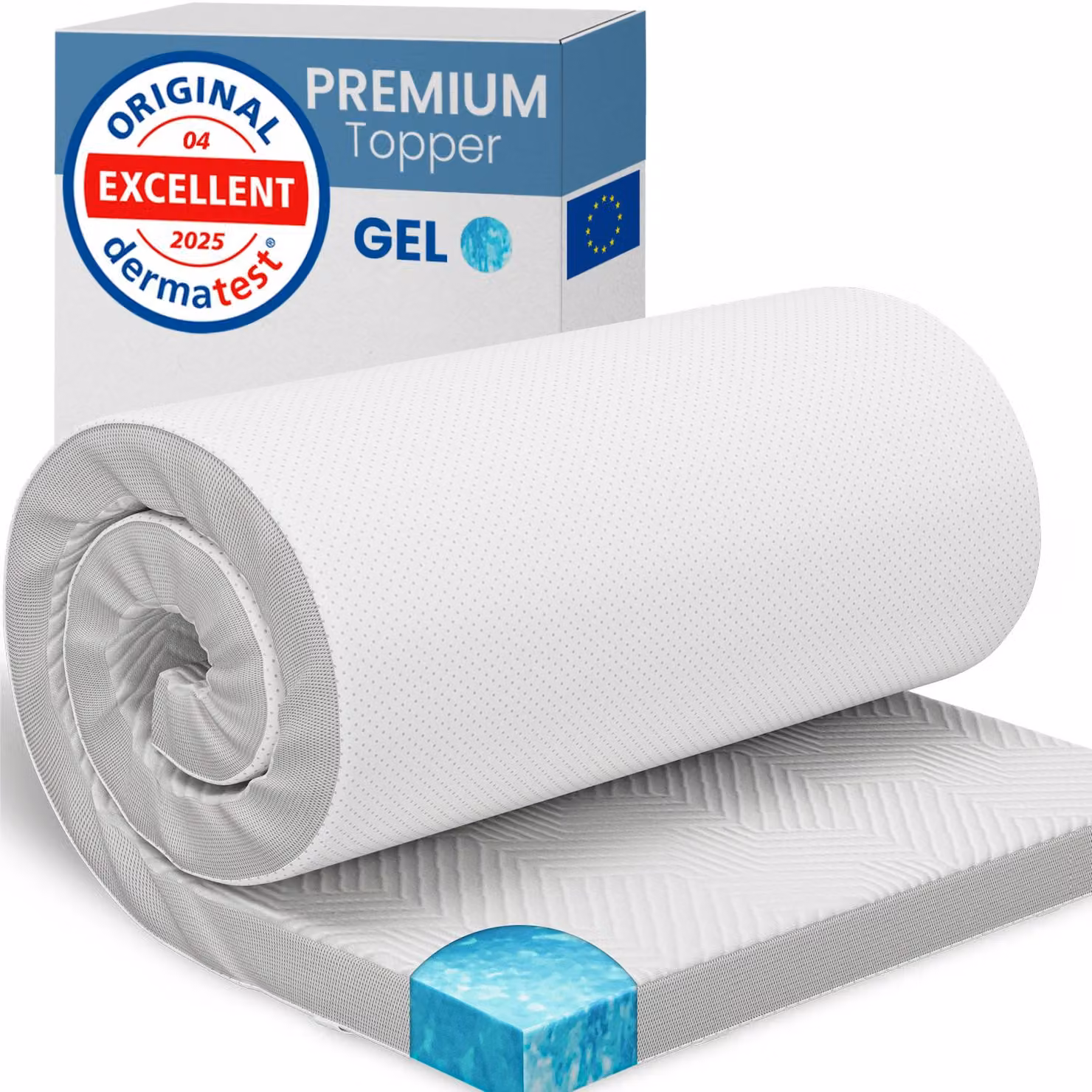 ELONEO gel topper 80x190cm, topper per materasso in gel memory foam alto 8 cm, rivestimento in rete 3D traspirante, comodo topper per materasso per il letto