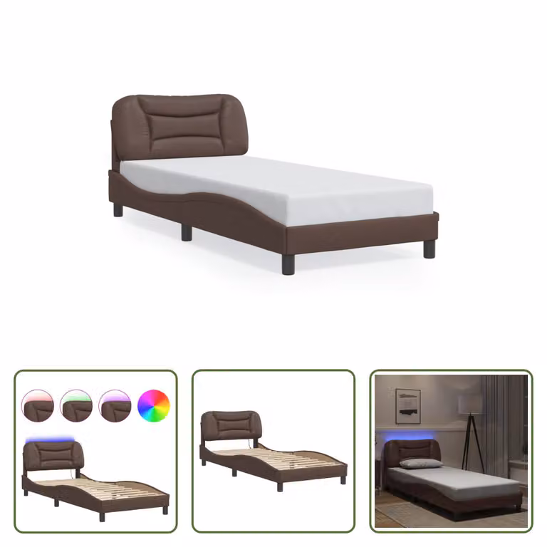 The Living Store Struttura letto con LED Marrone 80x200 cm in ecopelle