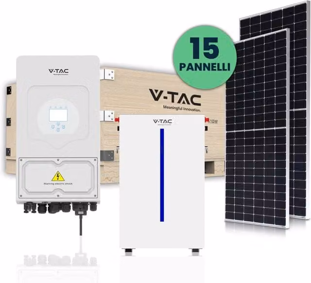 Kit fotovoltaico V-TAC da 6kW con batteria di accumulo da 6.14 kWh, inverter monofase ibrido e 15 pannelli solari da 410W, colore bianco