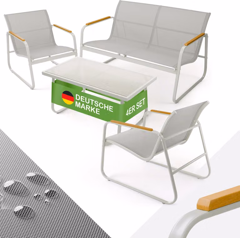 Set di mobili da giardino Blumtal 4 pezzi - set di mobili da balcone per 4 persone - 2 x poltrona + 1 x panca + 1 x tavolo - mobili da terrazza per esterni - salotto da giardino grigio